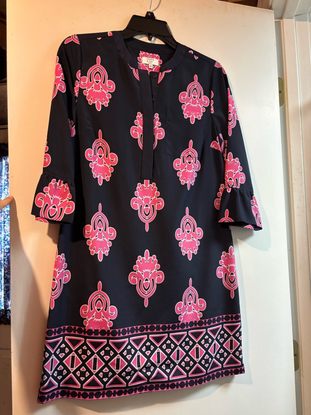 crown & ivy Navy Tunic with Pink Medallion Accent